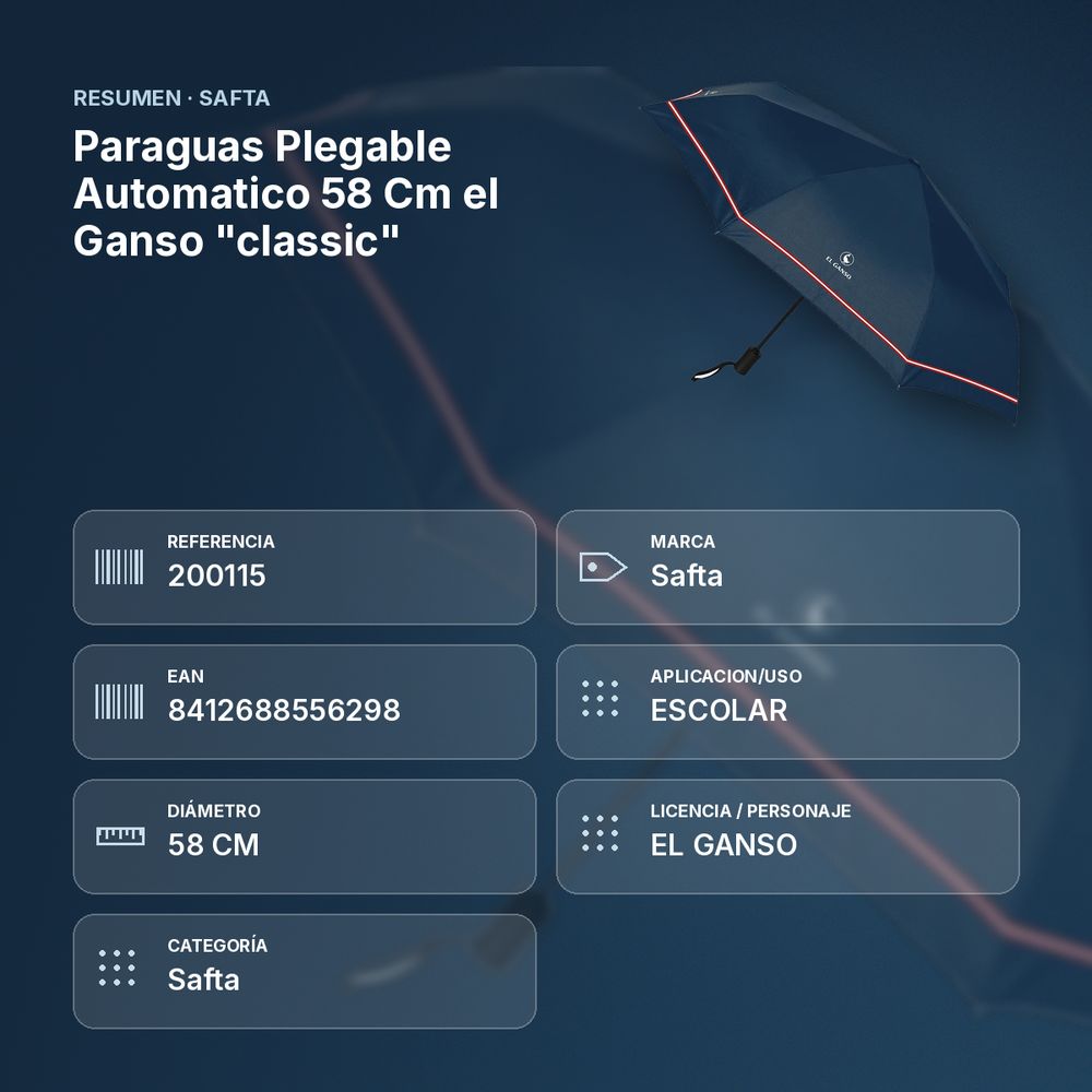 PARAGUAS PLEGABLE AUTOMATICO 58 CM EL GANSO "CLASSIC"  - resumen de atributos