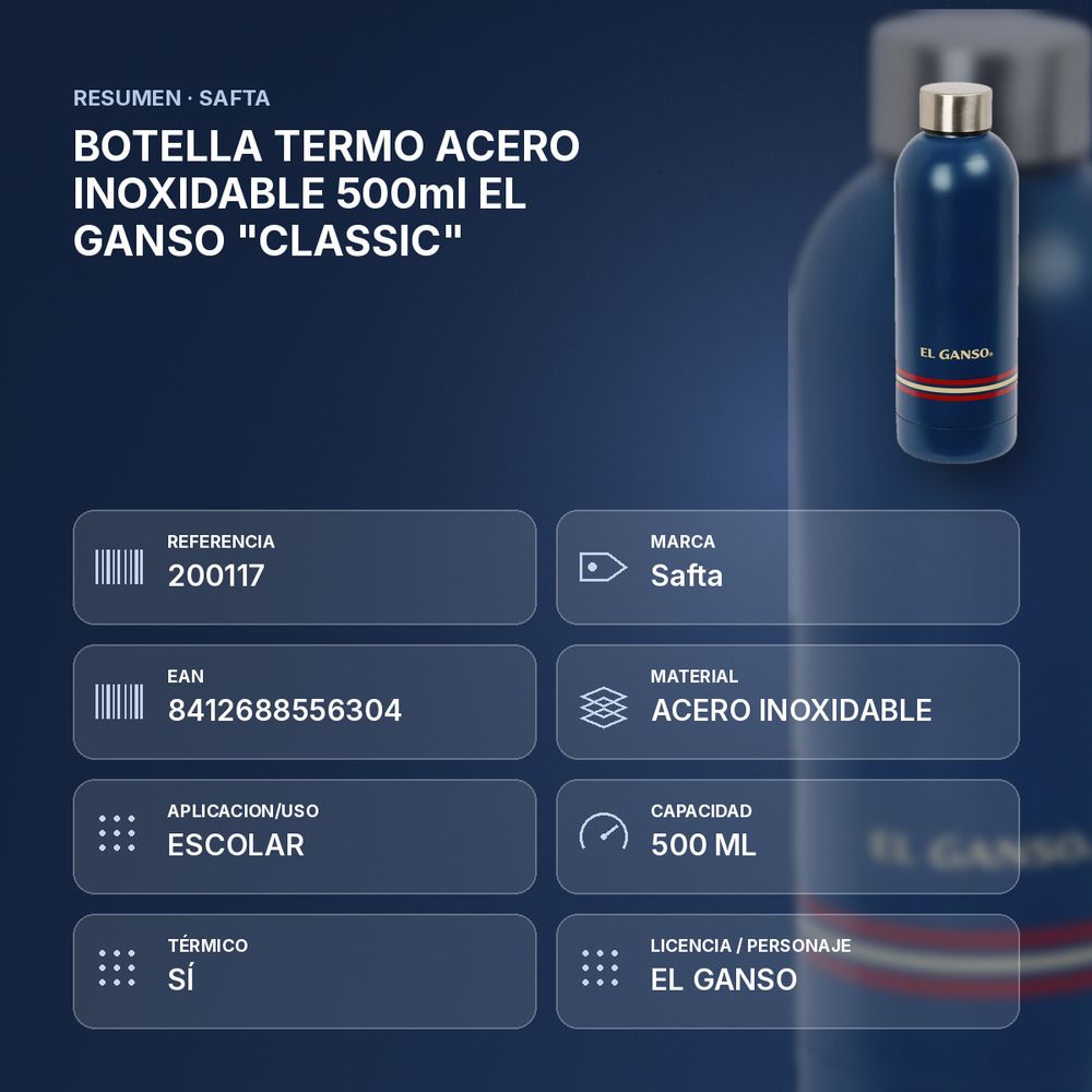 BOTELLA TERMO ACERO INOXIDABLE 500ml EL GANSO "CLASSIC" - resumen de atributos