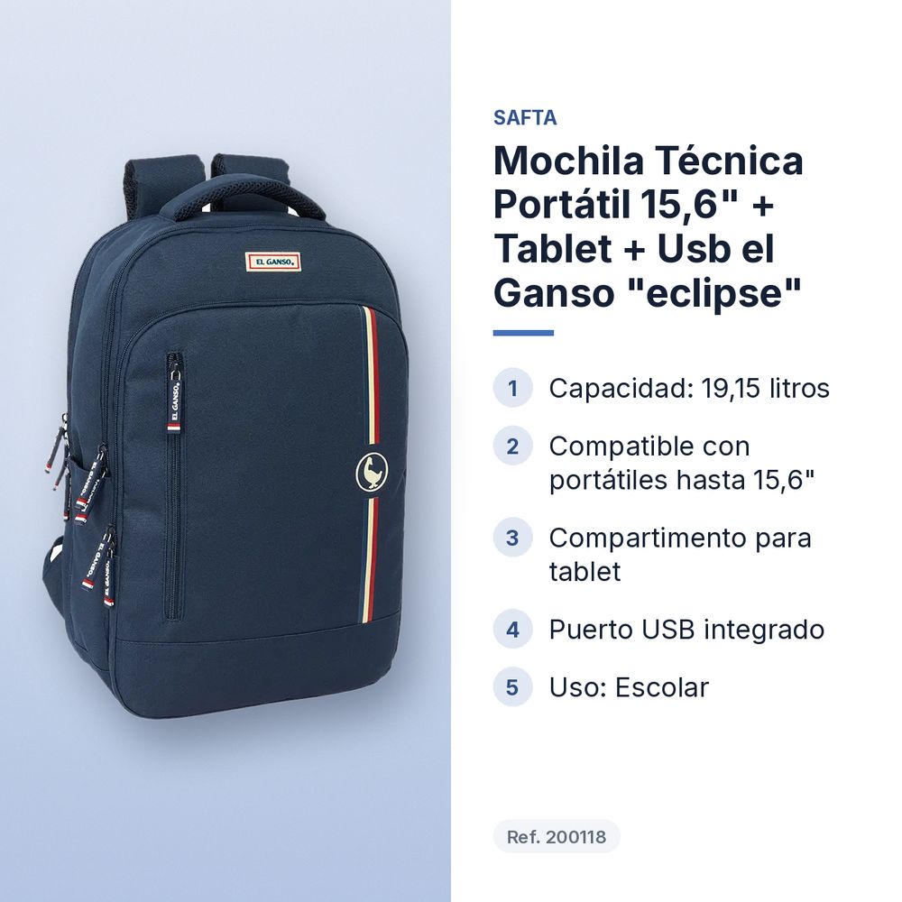 MOCHILA TÉCNICA PORTÁTIL 15,6" + TABLET + USB EL GANSO "ECLIPSE" - características principales
