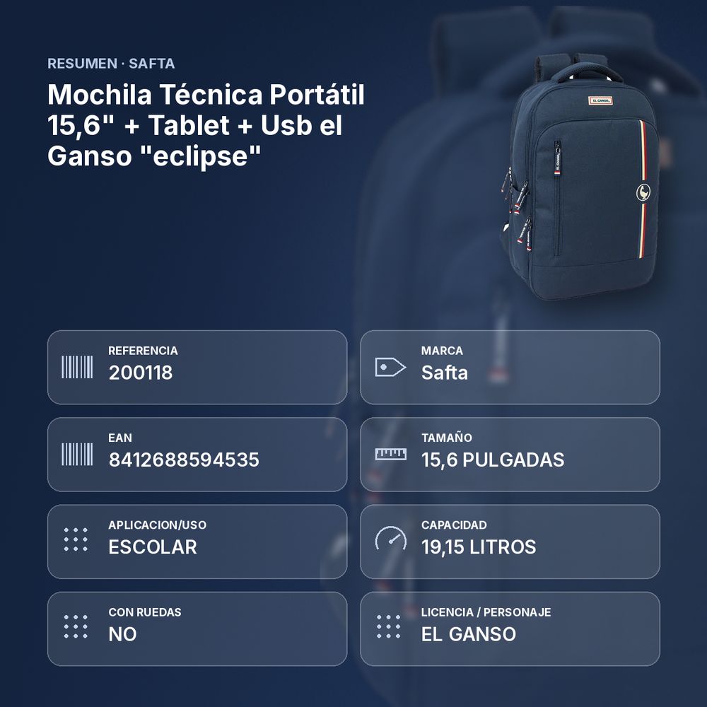 MOCHILA TÉCNICA PORTÁTIL 15,6" + TABLET + USB EL GANSO "ECLIPSE" - resumen de atributos