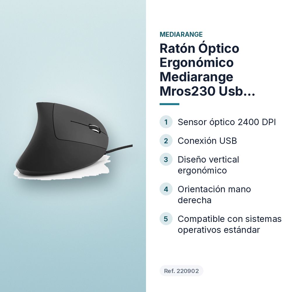RATÓN ÓPTICO ERGONÓMICO MEDIARANGE MROS230 USB NEGRO VERTICAL - características principales