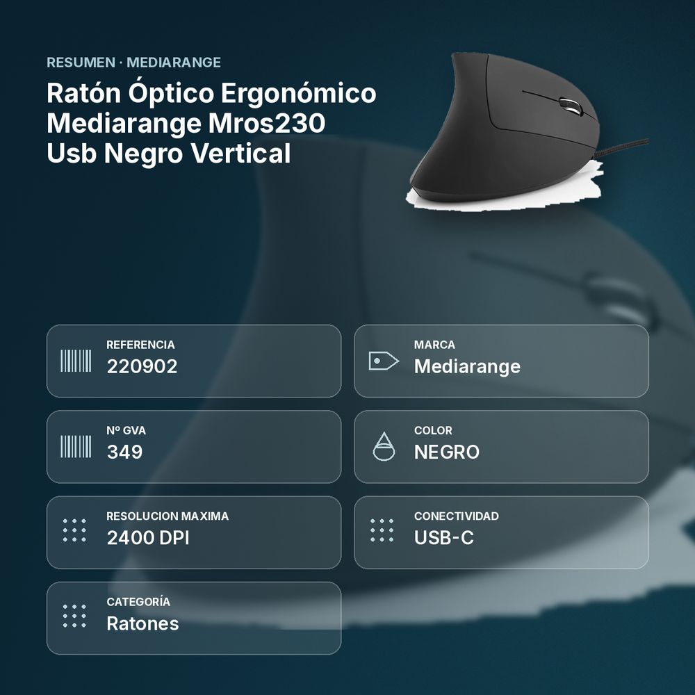 RATÓN ÓPTICO ERGONÓMICO MEDIARANGE MROS230 USB NEGRO VERTICAL - resumen de atributos