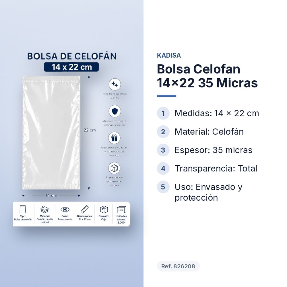 BOLSA CELOFAN 14X22 35 MICRAS - características principales