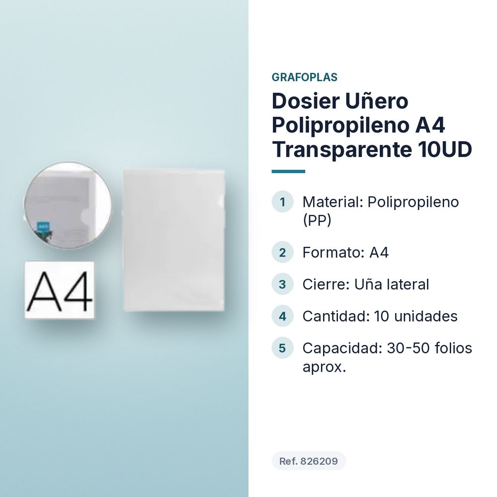 DOSIER UÑERO POLIPROPILENO A4 TRANSPARENTE 10UD - características principales
