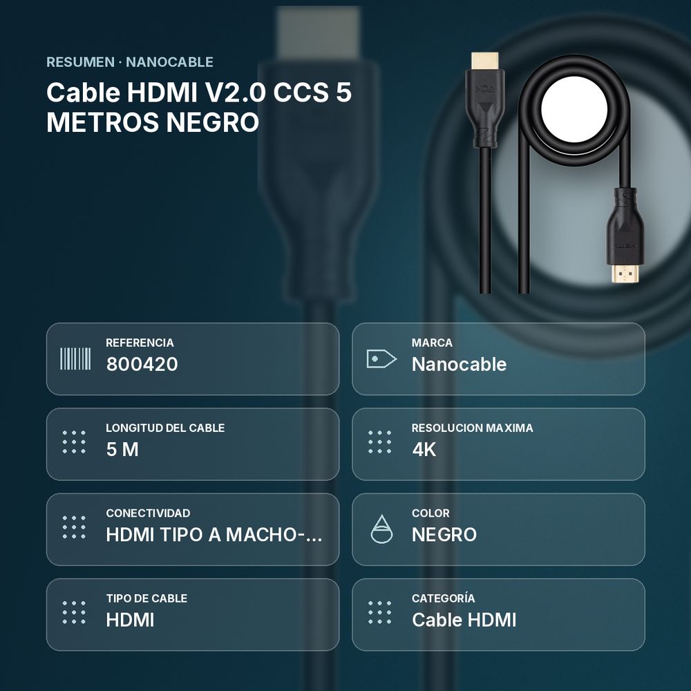 Cable HDMI V2.0 CCS 5 METROS NEGRO - resumen de atributos