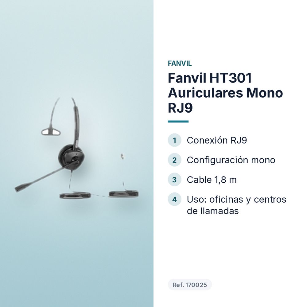 FANVIL HT301 AURICULARES MONO RJ9 - características principales