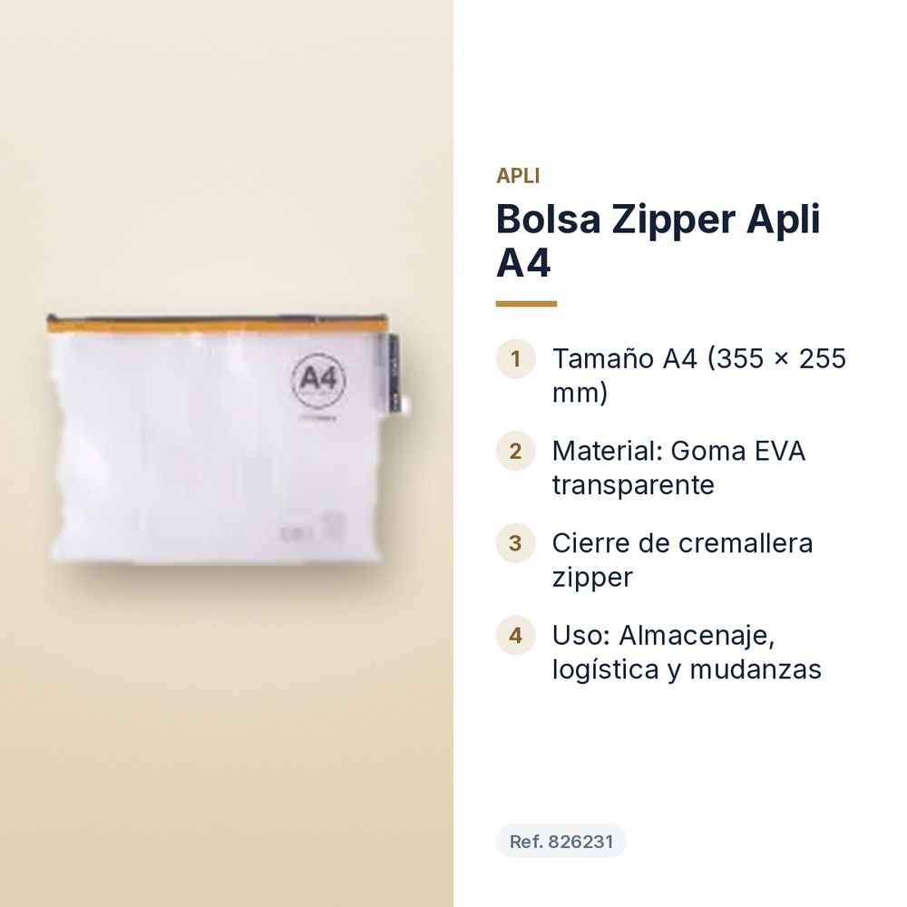 BOLSA ZIPPER APLI A4 - características principales