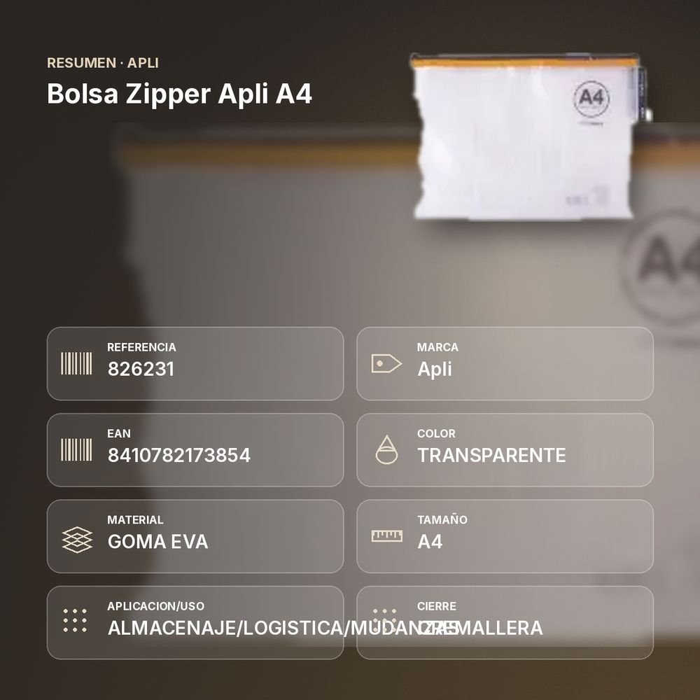 BOLSA ZIPPER APLI A4 - resumen de atributos