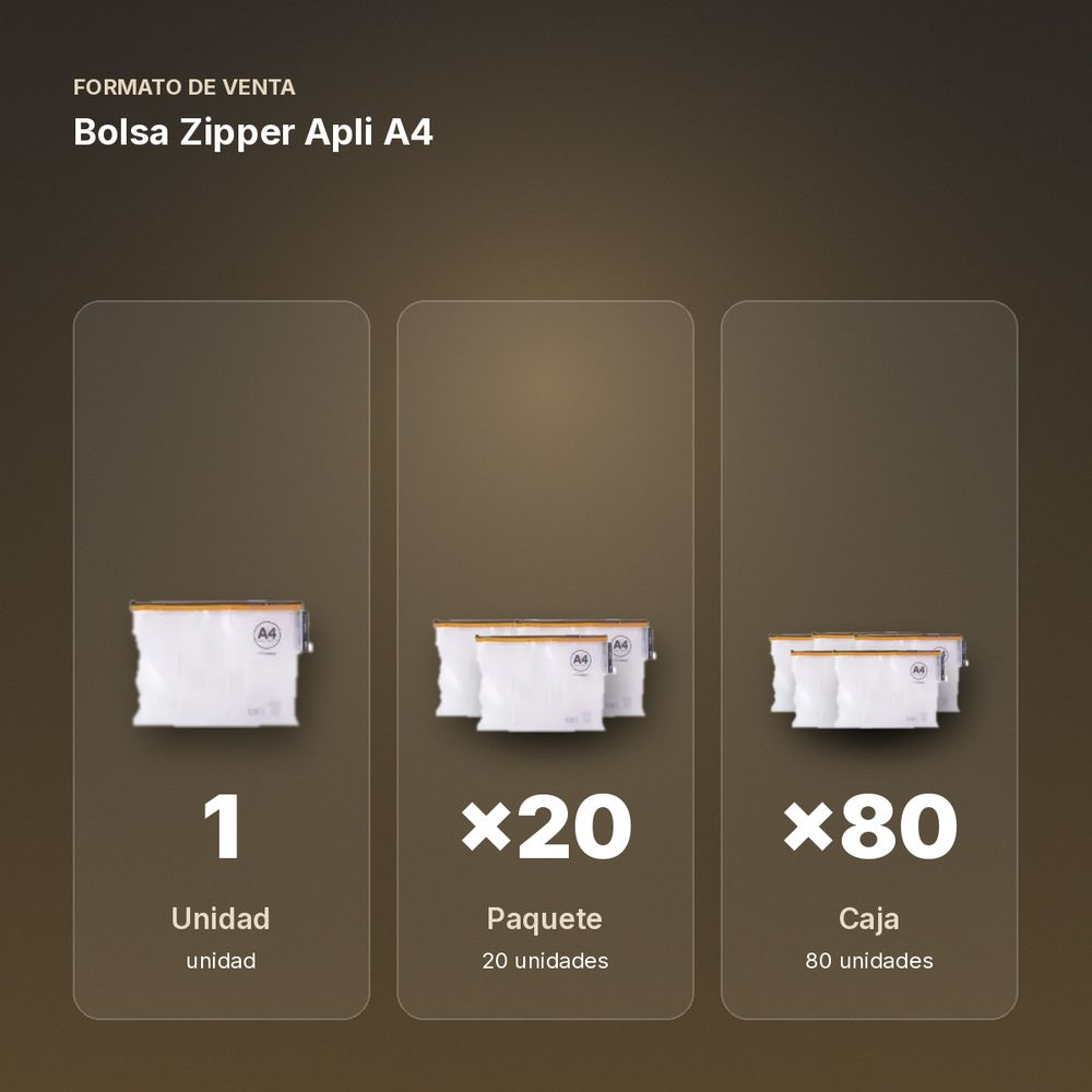 BOLSA ZIPPER APLI A4 - formato de venta: paquete de 20, caja de 80, palé de 2400
