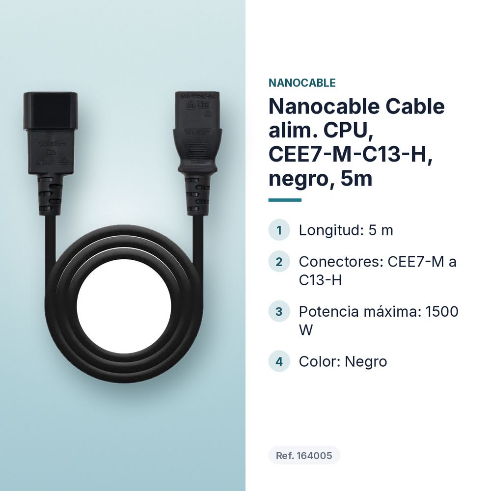 Nanocable Cable alim. CPU, CEE7-M-C13-H, negro, 5m - características principales