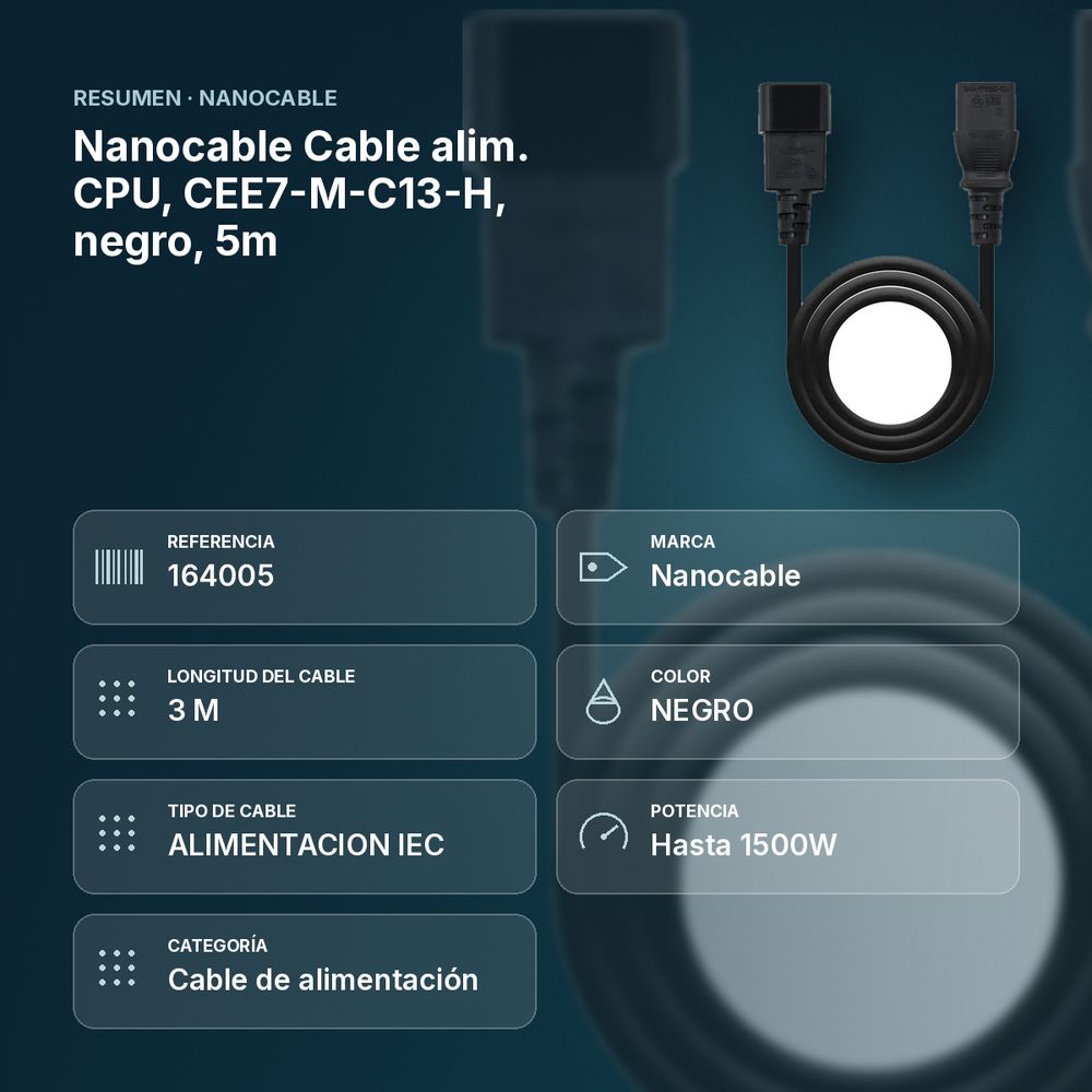 Nanocable Cable alim. CPU, CEE7-M-C13-H, negro, 5m - resumen de atributos