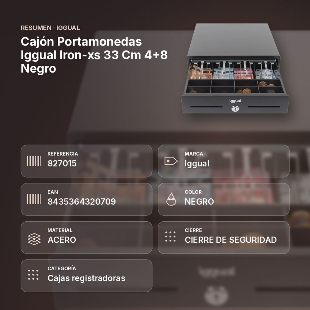 CAJÓN PORTAMONEDAS IGGUAL IRON-XS 33 CM 4+8 NEGRO - resumen de atributos