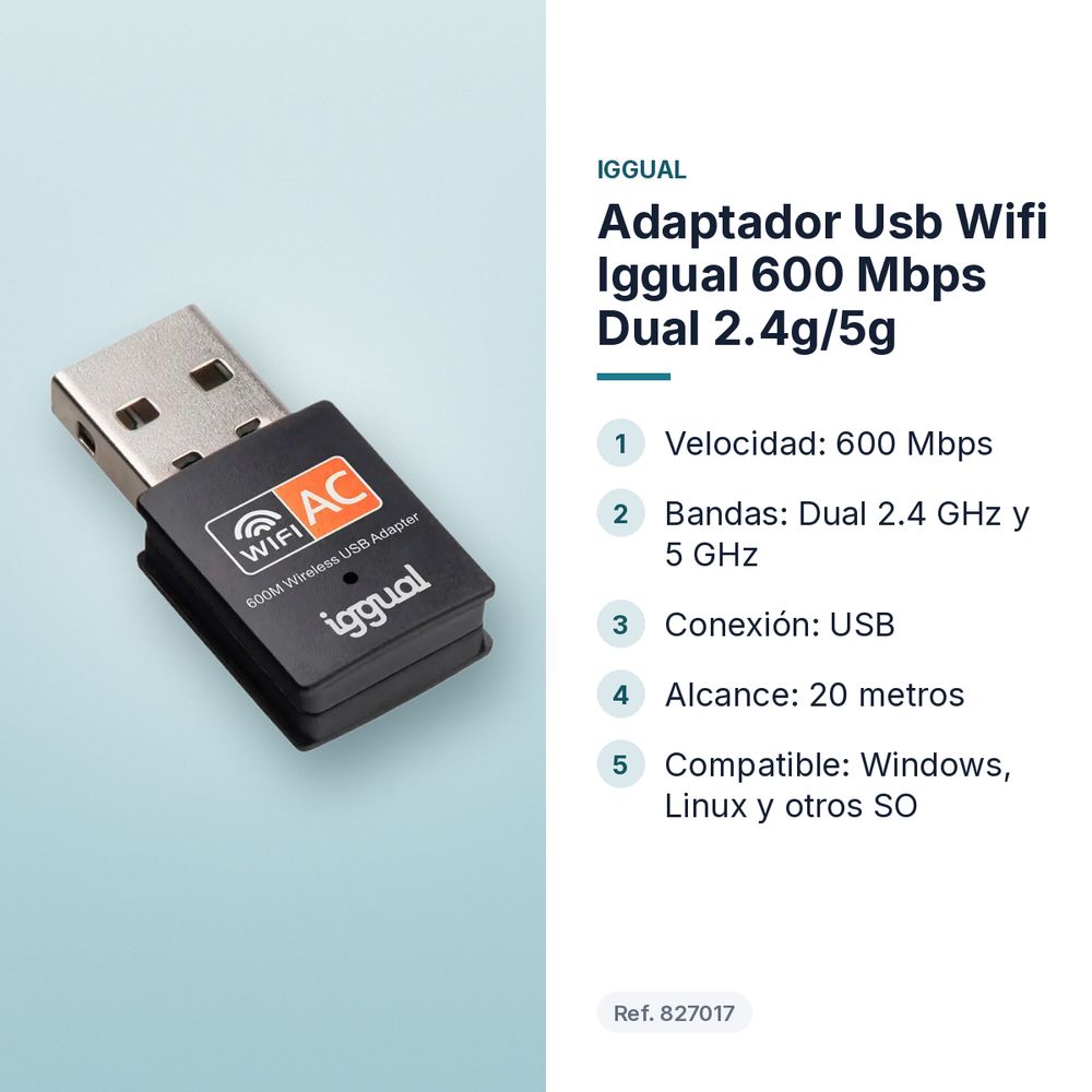 ADAPTADOR USB WIFI IGGUAL 600 MBPS DUAL 2.4G/5G - características principales
