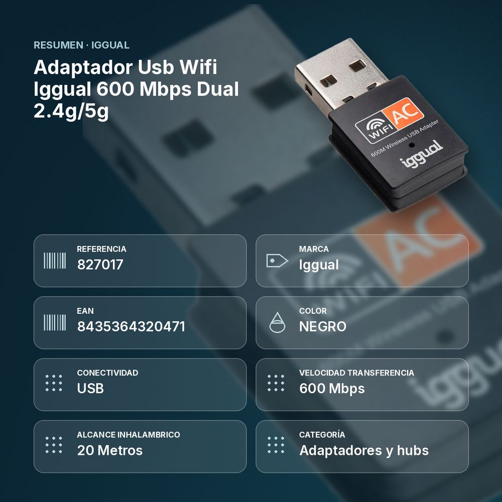 ADAPTADOR USB WIFI IGGUAL 600 MBPS DUAL 2.4G/5G - resumen de atributos