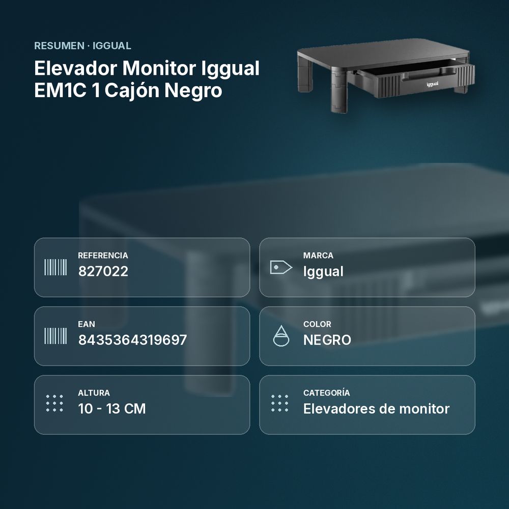 ELEVADOR MONITOR IGGUAL EM1C 1 CAJÓN NEGRO - resumen de atributos