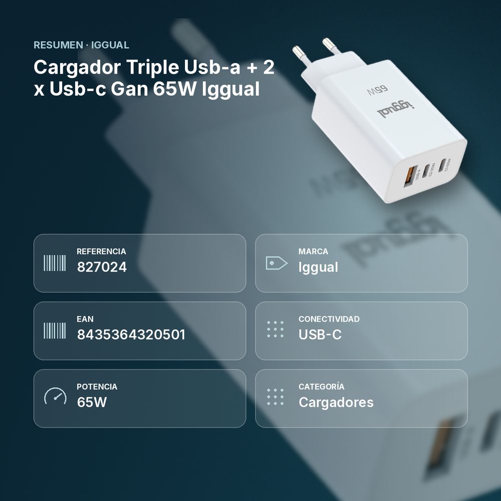 CARGADOR TRIPLE USB-A + 2 X USB-C GAN 65W IGGUAL - resumen de atributos