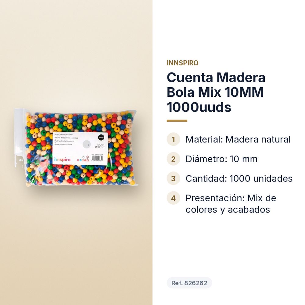 CUENTA MADERA BOLA MIX 10MM 1000UUDS - características principales