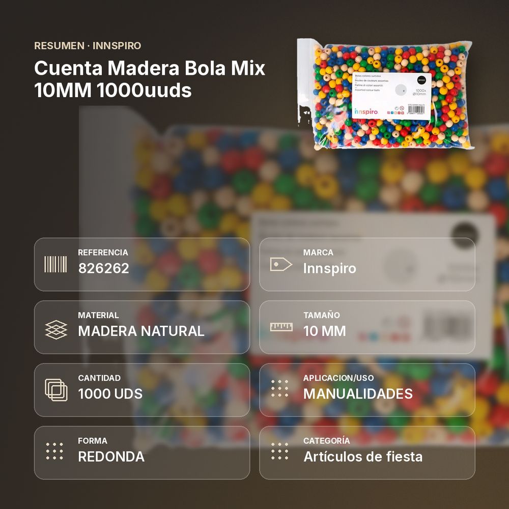 CUENTA MADERA BOLA MIX 10MM 1000UUDS - resumen de atributos