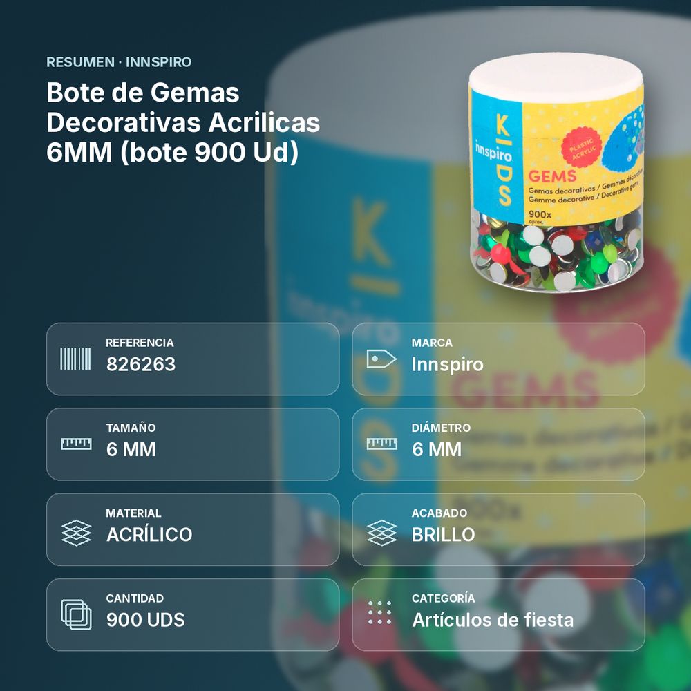 BOTE DE GEMAS DECORATIVAS ACRILICAS 6MM (BOTE 900 UD) - resumen de atributos