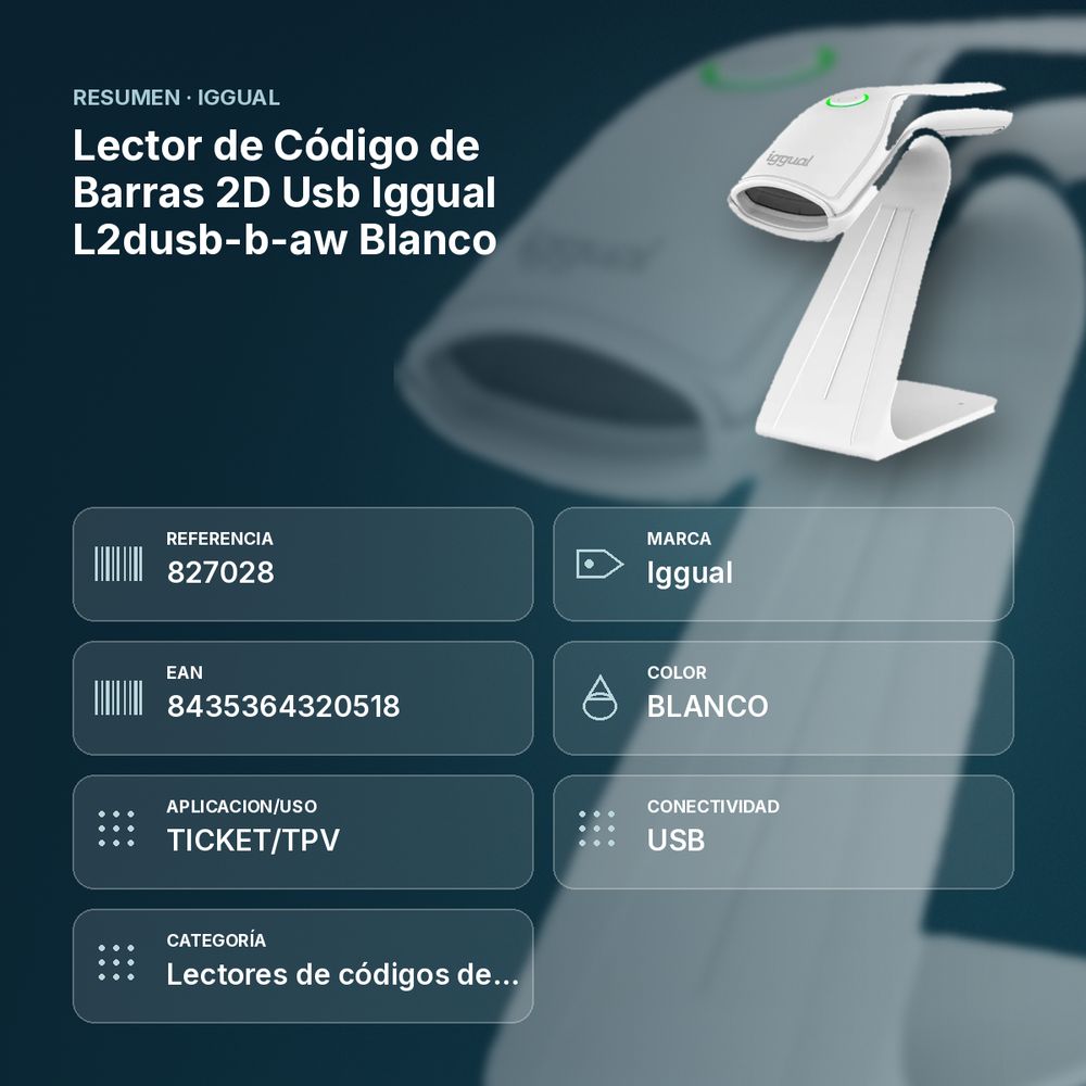 LECTOR DE CÓDIGO DE BARRAS 2D USB IGGUAL L2DUSB-B-AW BLANCO - resumen de atributos
