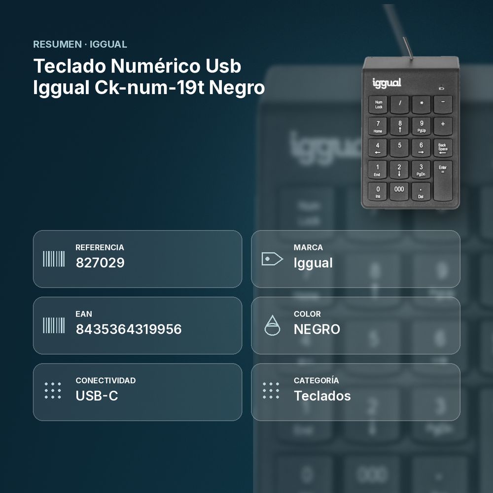 TECLADO NUMÉRICO USB IGGUAL CK-NUM-19T NEGRO - resumen de atributos