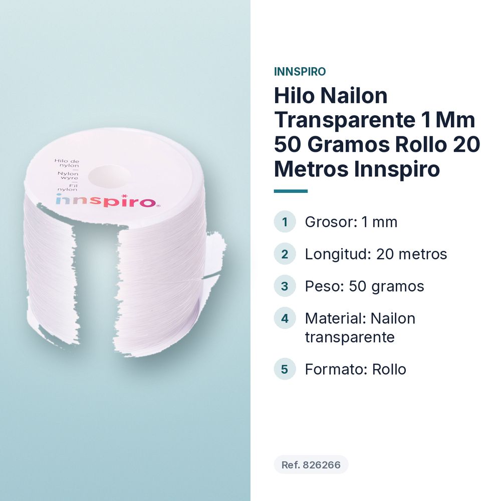 HILO NAILON TRANSPARENTE 1 MM 50 GRAMOS ROLLO 20 METROS INNSPIRO - características principales