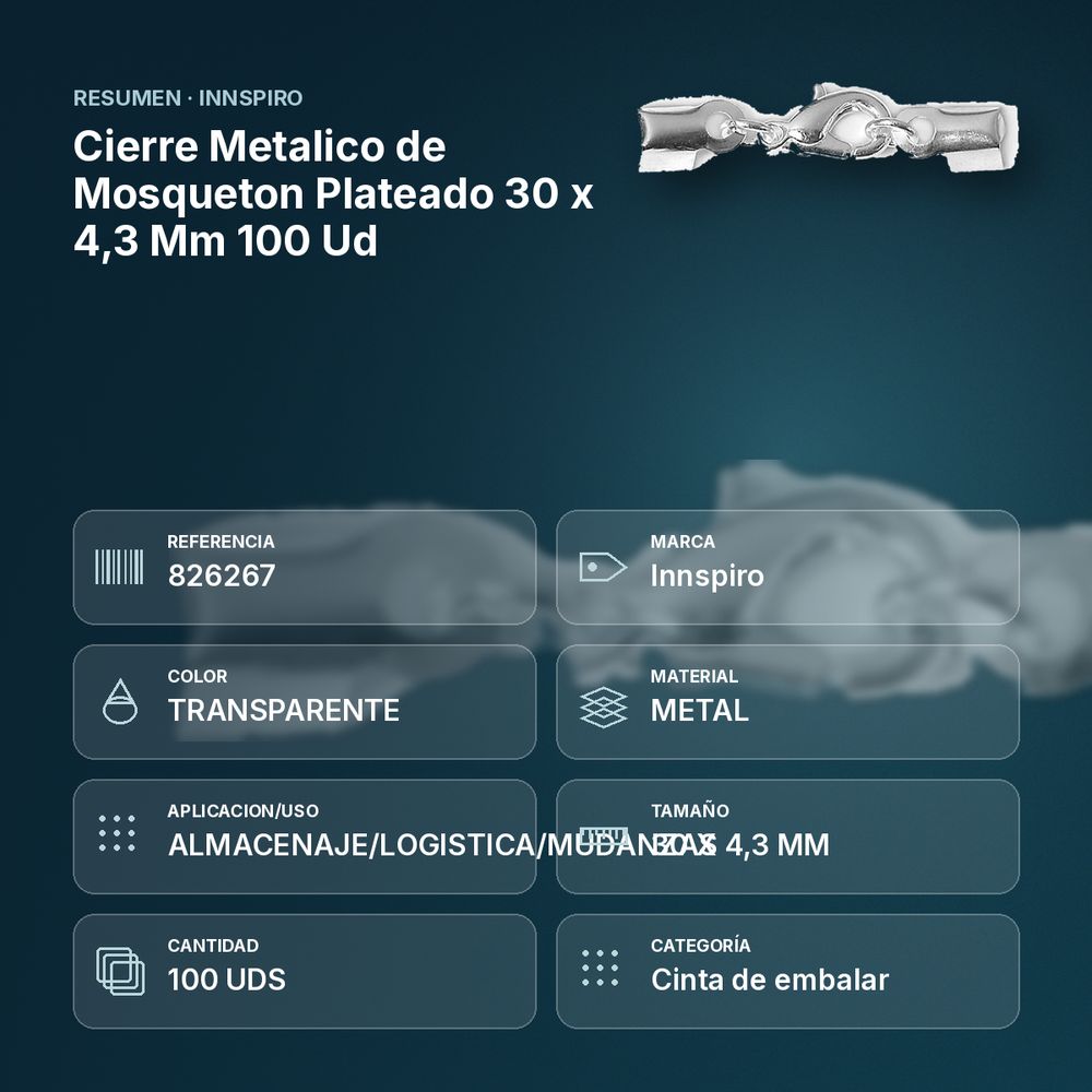 CIERRE METALICO DE MOSQUETON PLATEADO 30 X 4,3 MM 100 UD - resumen de atributos