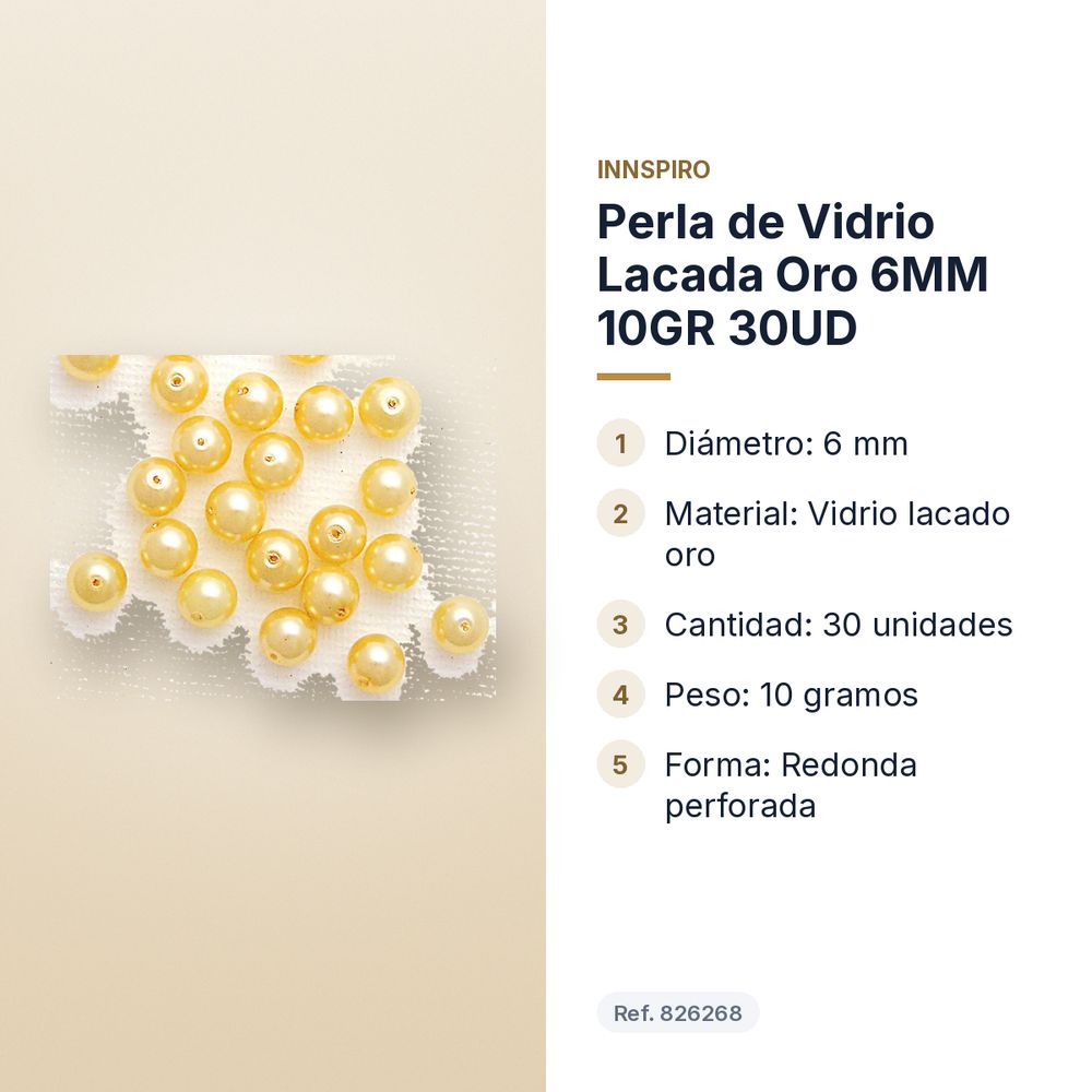 PERLA DE VIDRIO LACADA ORO 6MM 10GR 30UD - características principales