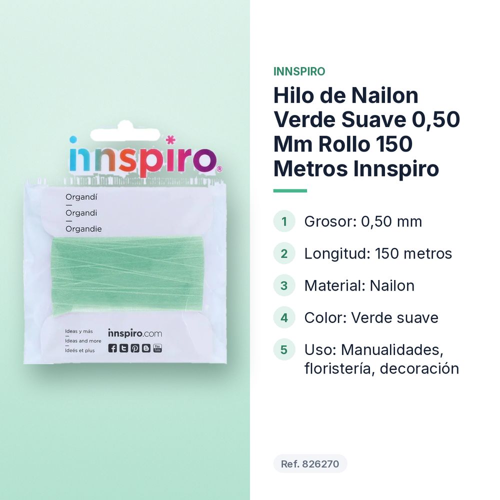 HILO DE NAILON VERDE SUAVE 0,50 MM ROLLO 150 METROS INNSPIRO - características principales
