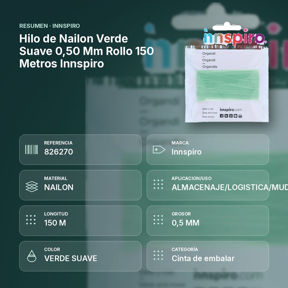 HILO DE NAILON VERDE SUAVE 0,50 MM ROLLO 150 METROS INNSPIRO - resumen de atributos