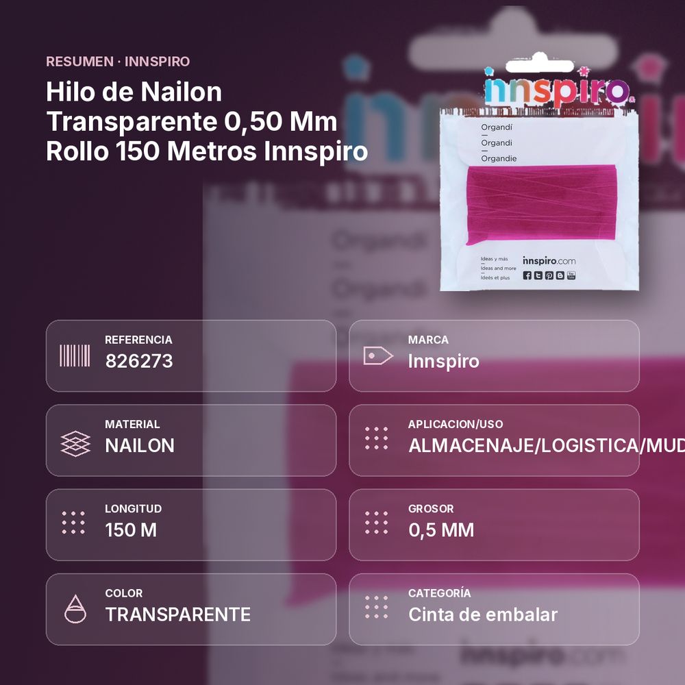HILO DE NAILON TRANSPARENTE 0,50 MM ROLLO 150 METROS INNSPIRO - resumen de atributos