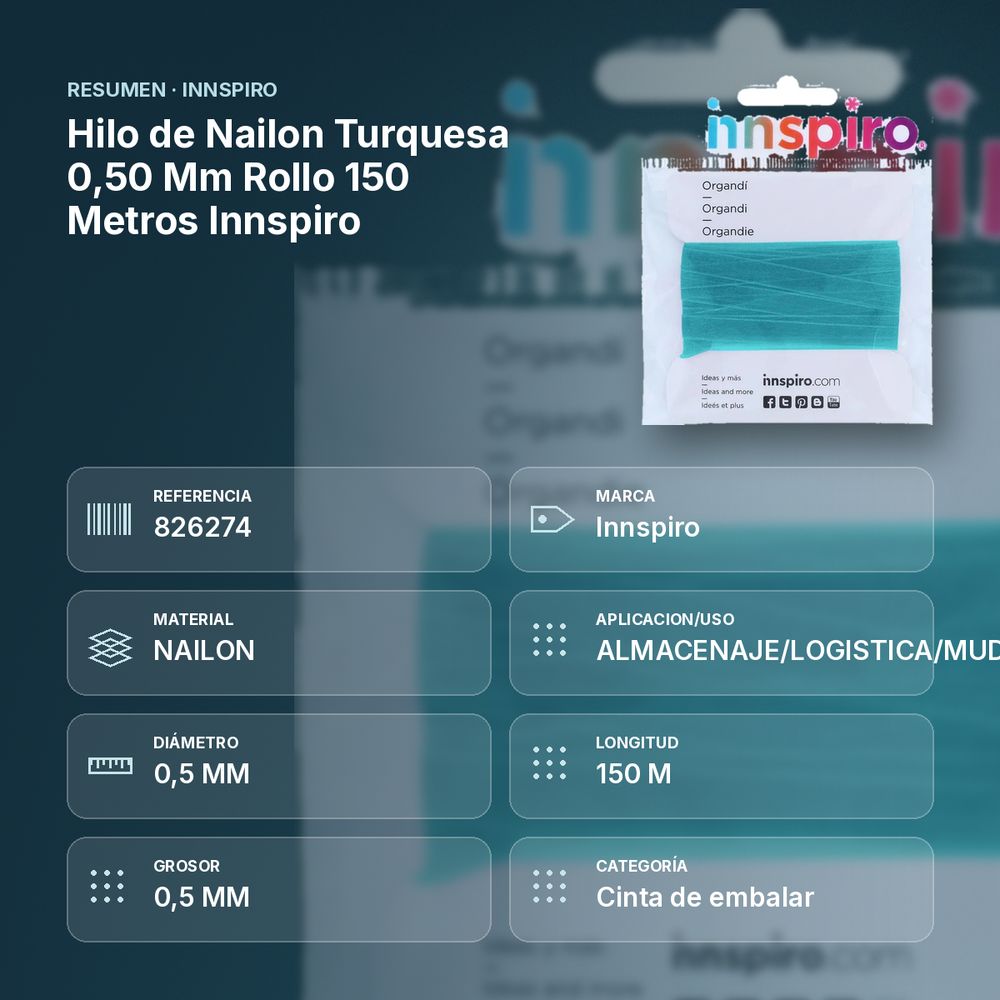 HILO DE NAILON TURQUESA 0,50 MM ROLLO 150 METROS INNSPIRO - resumen de atributos