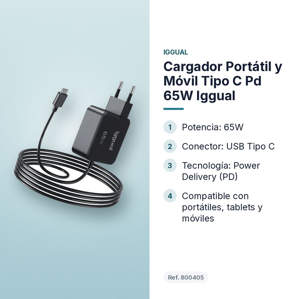 CARGADOR PORTÁTIL Y MÓVIL TIPO C PD 65W IGGUAL - características principales