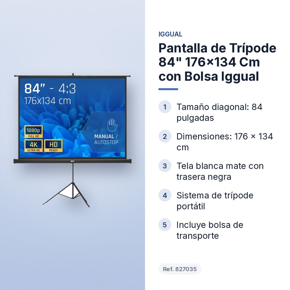 PANTALLA DE TRÍPODE 84" 176X134 CM CON BOLSA IGGUAL  - características principales