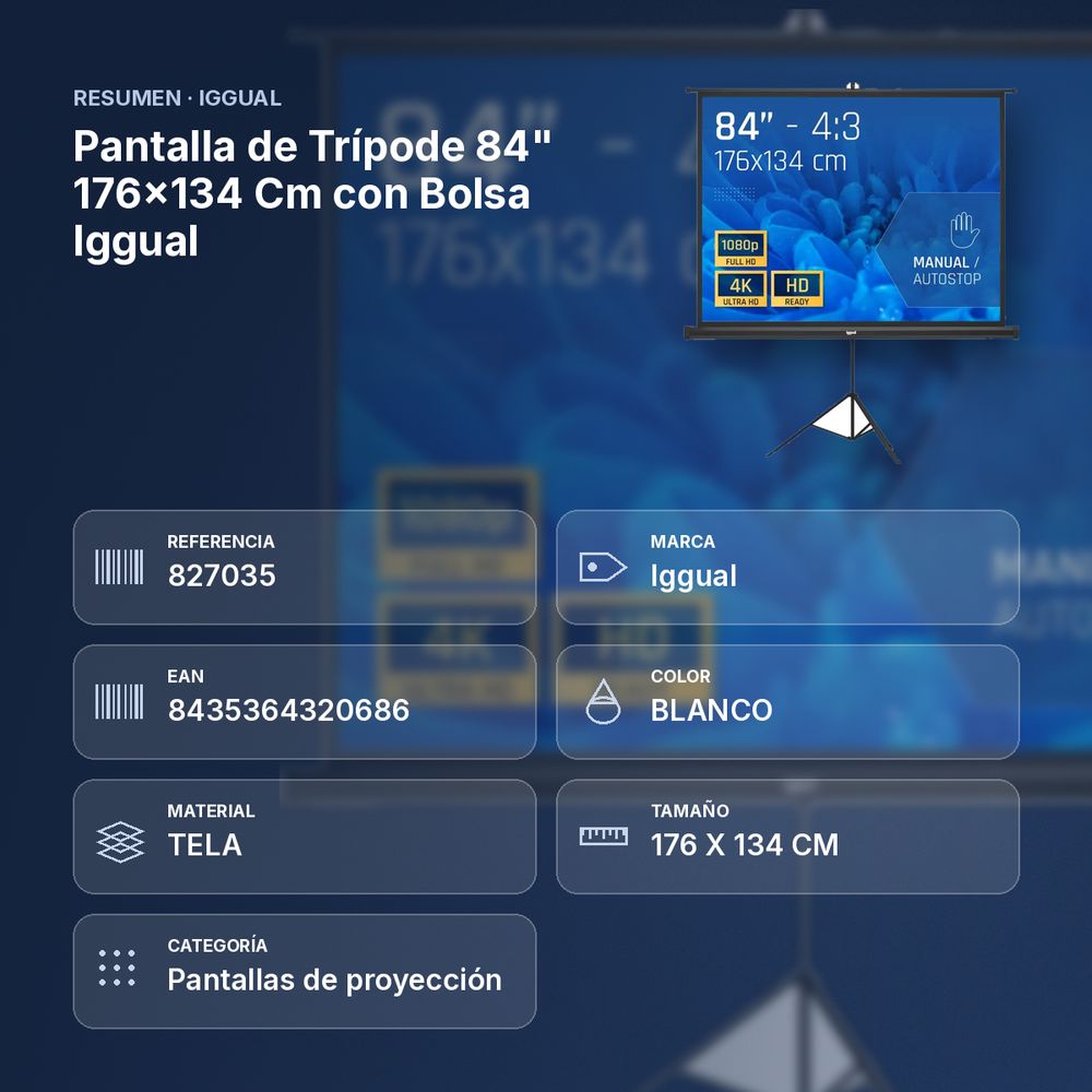 PANTALLA DE TRÍPODE 84" 176X134 CM CON BOLSA IGGUAL  - resumen de atributos
