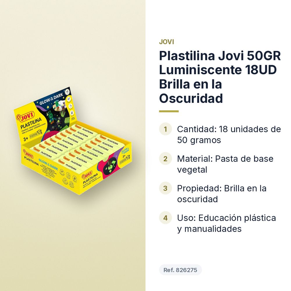 PLASTILINA JOVI 50GR LUMINISCENTE 18UD BRILLA EN LA OSCURIDAD - características principales