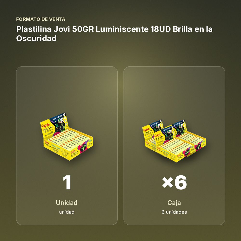PLASTILINA JOVI 50GR LUMINISCENTE 18UD BRILLA EN LA OSCURIDAD - formato de venta: caja de 6