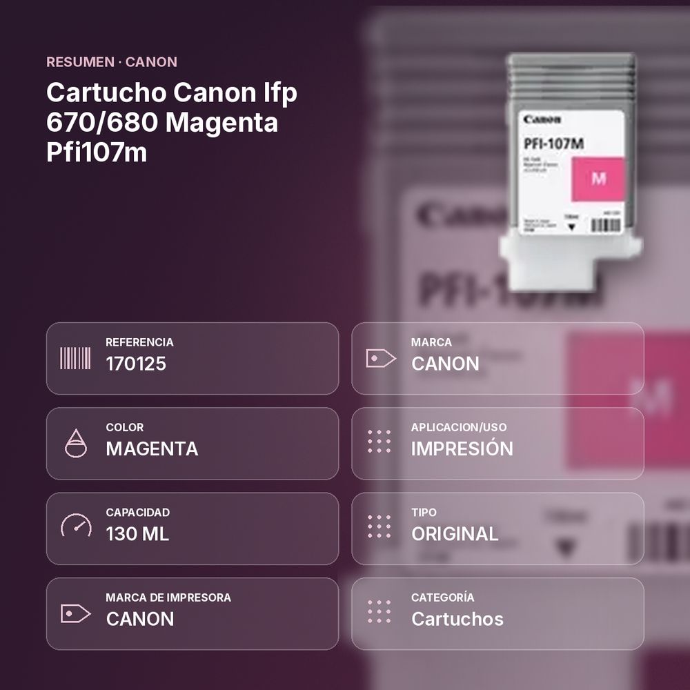 CARTUCHO CANON IFP 670/680 MAGENTA PFI107M   - resumen de atributos