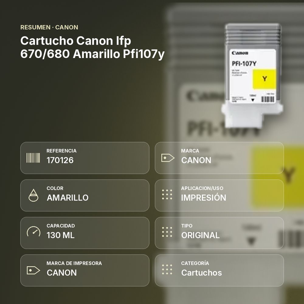 CARTUCHO CANON IFP 670/680 AMARILLO PFI107Y    - resumen de atributos