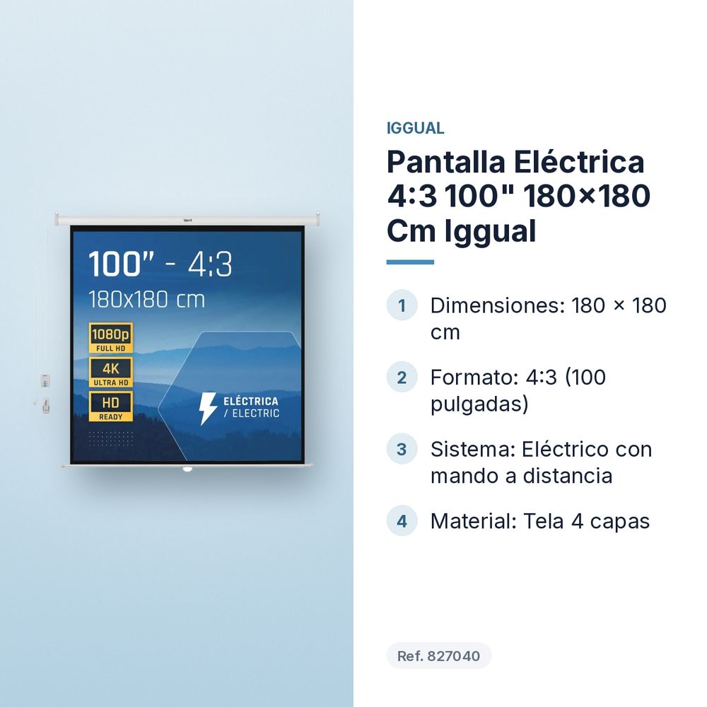 PANTALLA ELÉCTRICA 4:3 100" 180X180 CM IGGUAL  - características principales