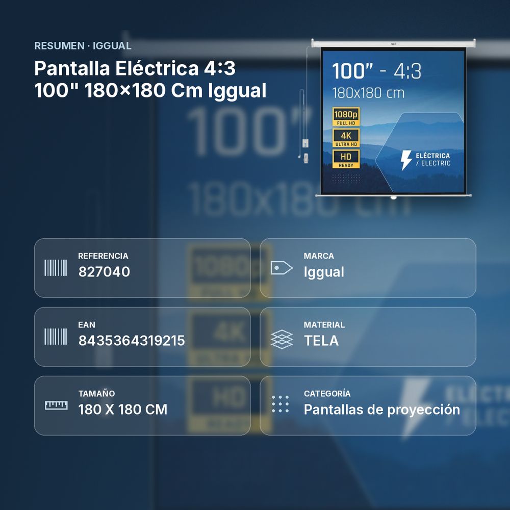 PANTALLA ELÉCTRICA 4:3 100" 180X180 CM IGGUAL  - resumen de atributos