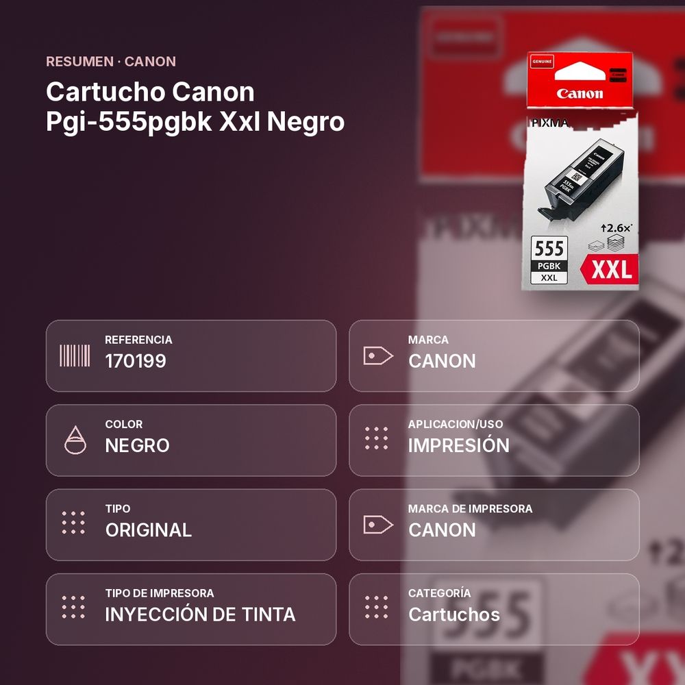 CARTUCHO CANON PGI-555PGBK XXL NEGRO  - resumen de atributos