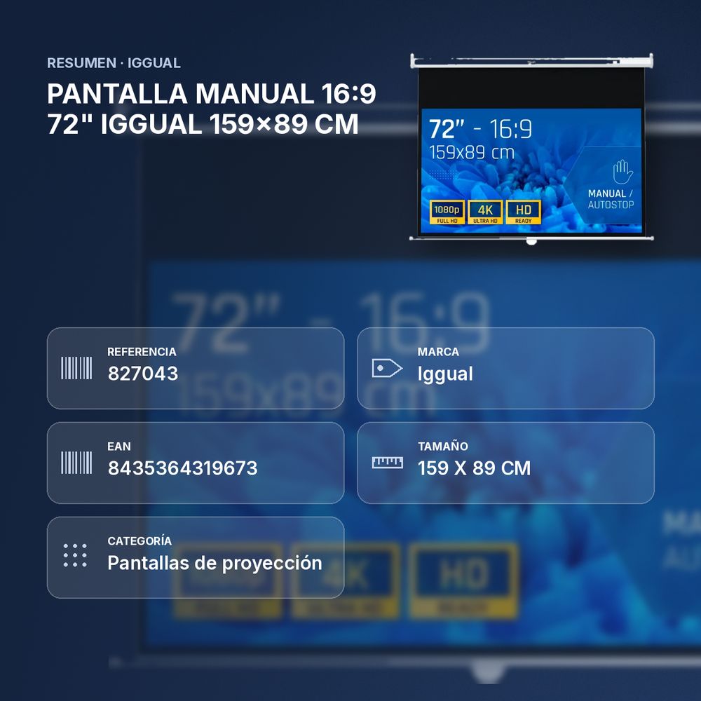 PANTALLA MANUAL 16:9 72" IGGUAL 159x89 CM  - resumen de atributos