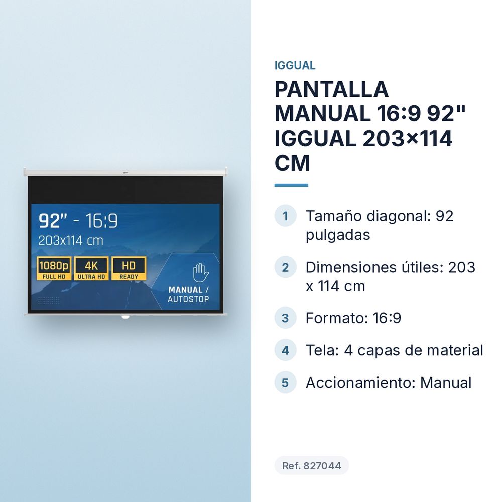 PANTALLA MANUAL 16:9 92" IGGUAL 203x114 CM  - características principales