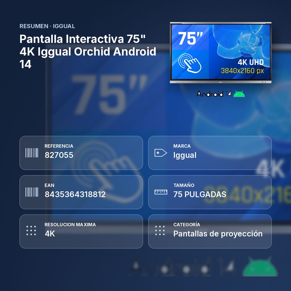 PANTALLA INTERACTIVA 75" 4K IGGUAL ORCHID ANDROID 14 - resumen de atributos