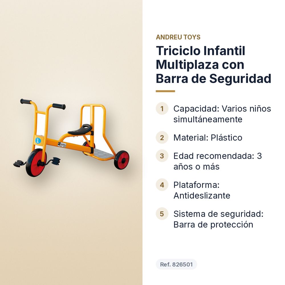 TRICICLO INFANTIL MULTIPLAZA CON BARRA DE SEGURIDAD - características principales