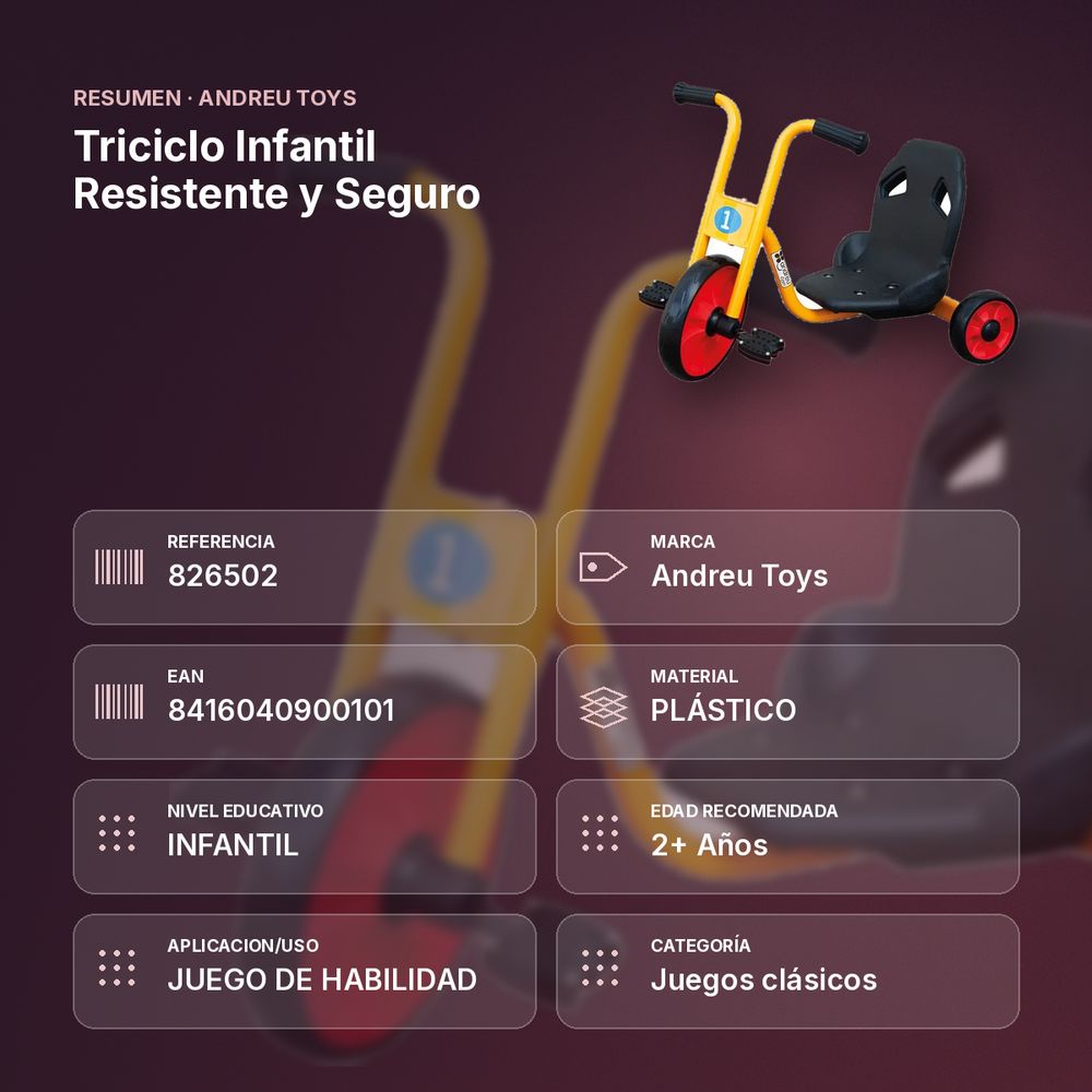 TRICICLO INFANTIL RESISTENTE Y SEGURO - resumen de atributos