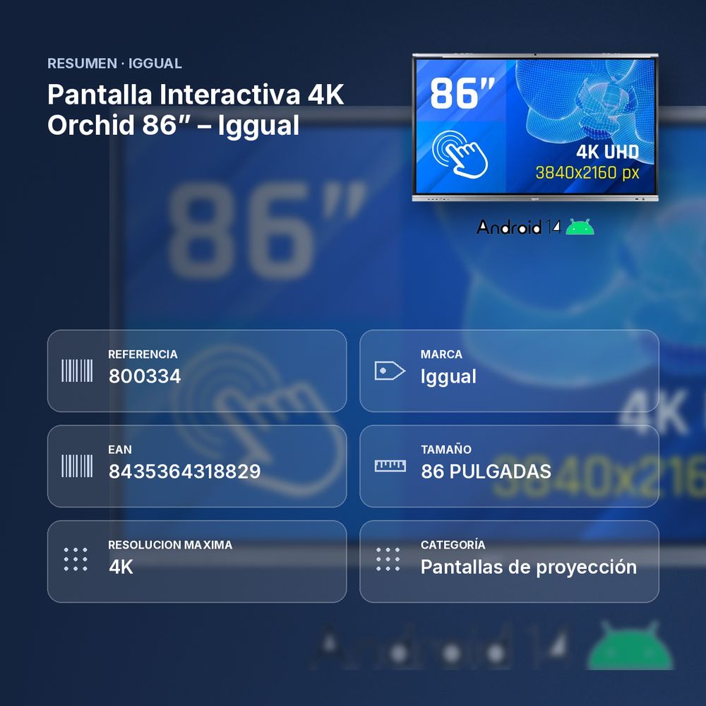 PANTALLA INTERACTIVA 4K ORCHID 86” – IGGUAL - resumen de atributos