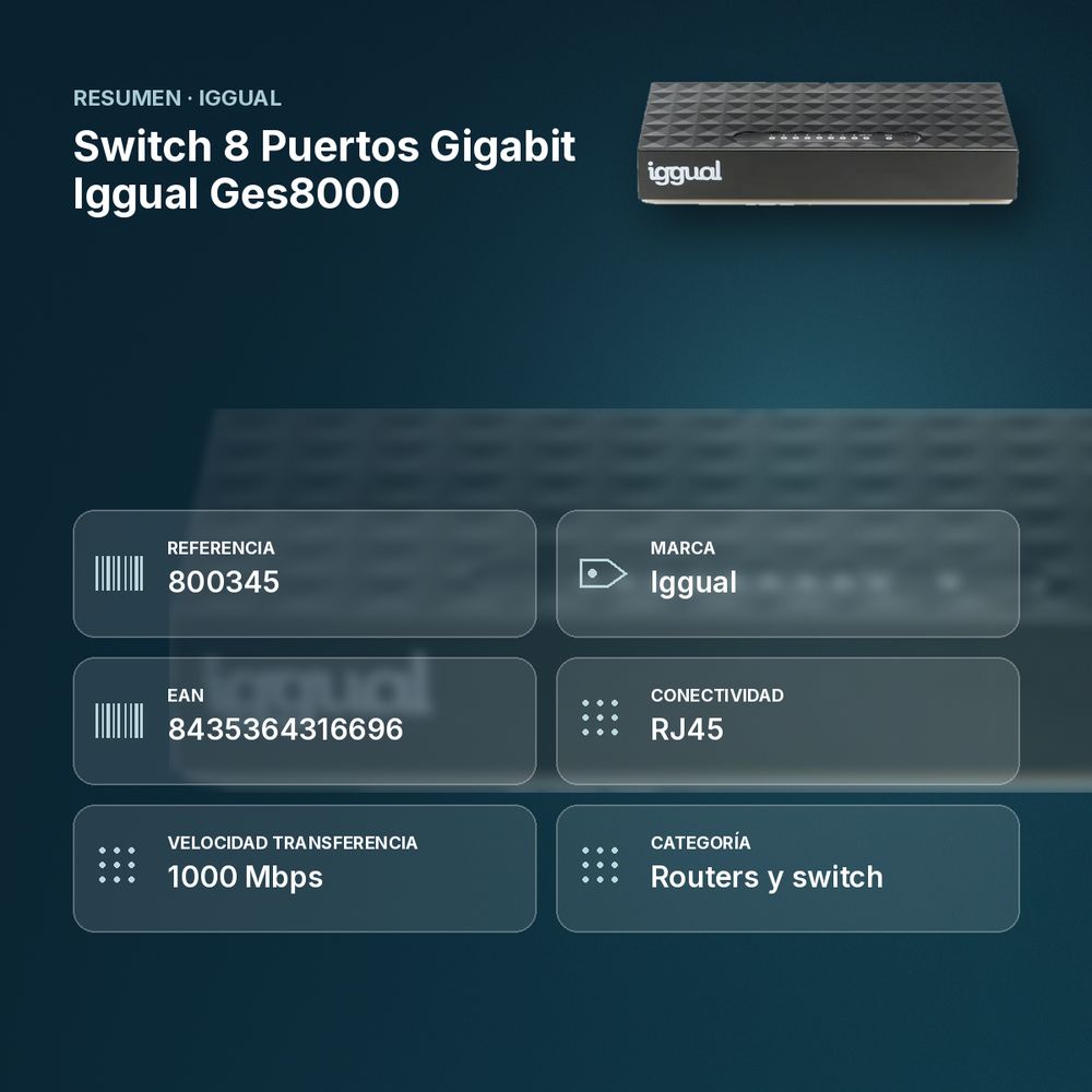 SWITCH 8 PUERTOS GIGABIT IGGUAL GES8000  - resumen de atributos