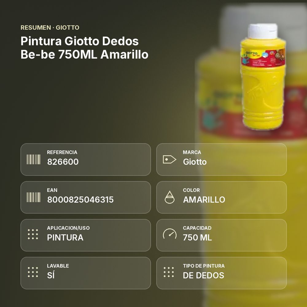 PINTURA GIOTTO DEDOS BE-BE 750ML AMARILLO - resumen de atributos